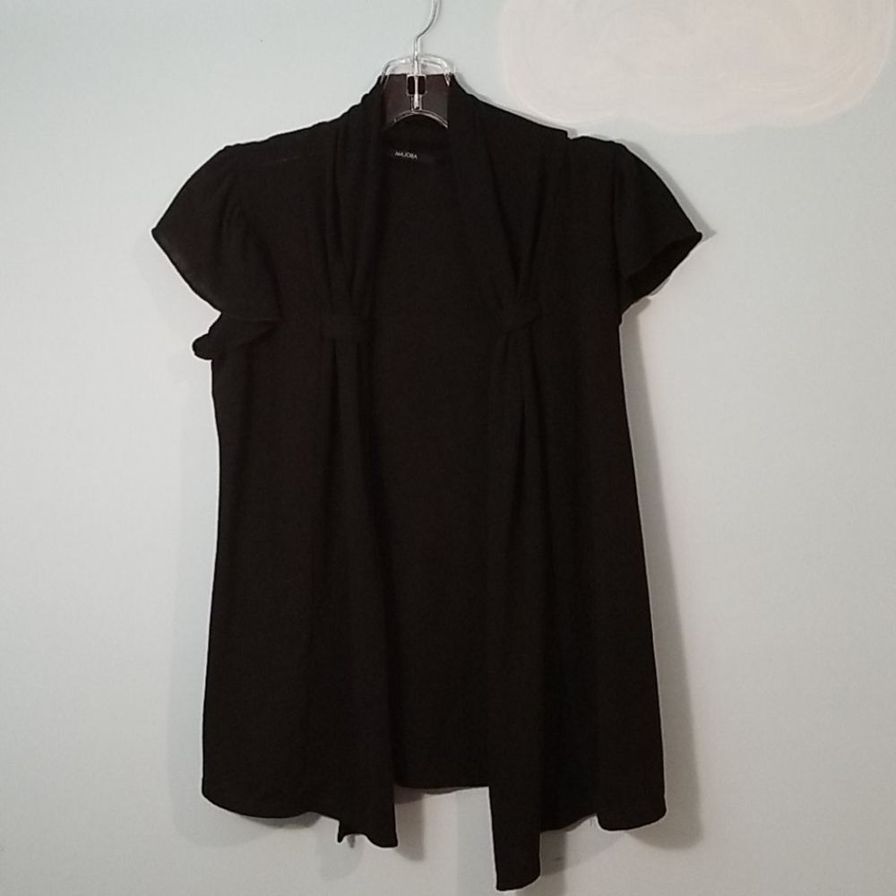 Majora black gathered open soft cardigan with ruffle sleeves size large EUC